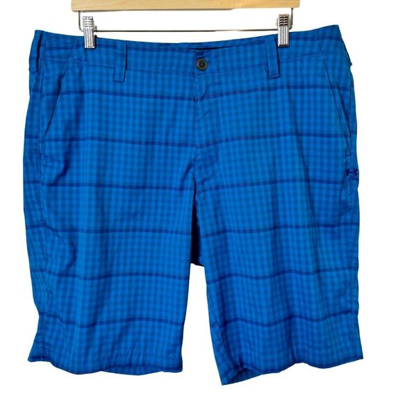 Under Armour Mens Plaid Shorts Royal Blue and Purple Athletic Flex Size 40 - Picture 1 of 11
